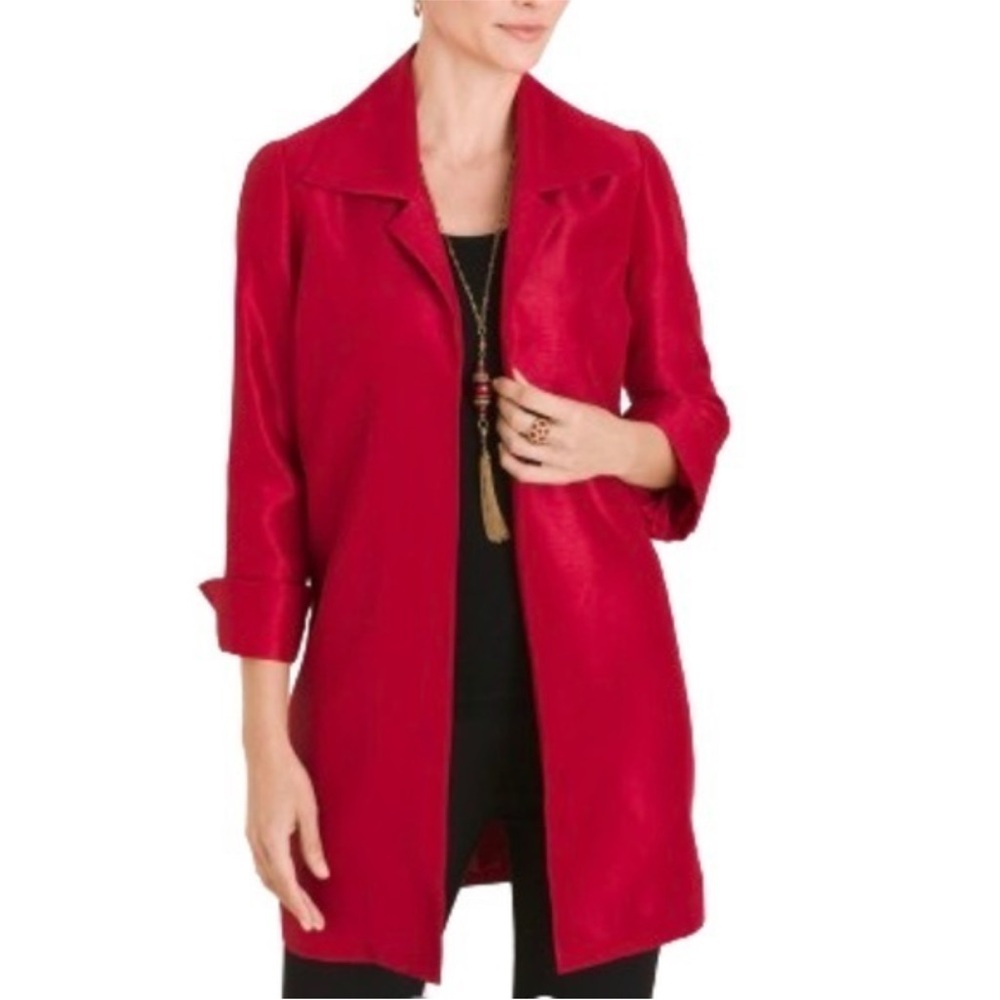 Chico’s NWOT Red Silk Dupioni Jennica Jacket Blazer Long Line pockets sz 1 Lg/XL